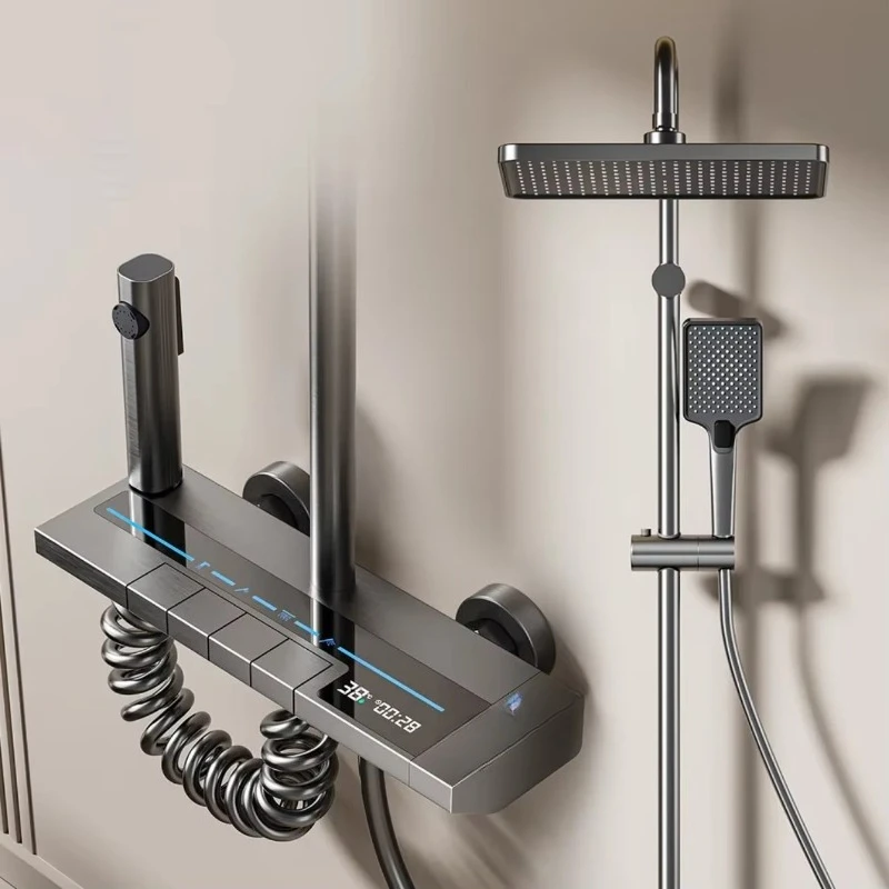 

Modern grey square aluminium concealed shower head, rain shower function, soap dispenser, hotel villa apartment bathroom