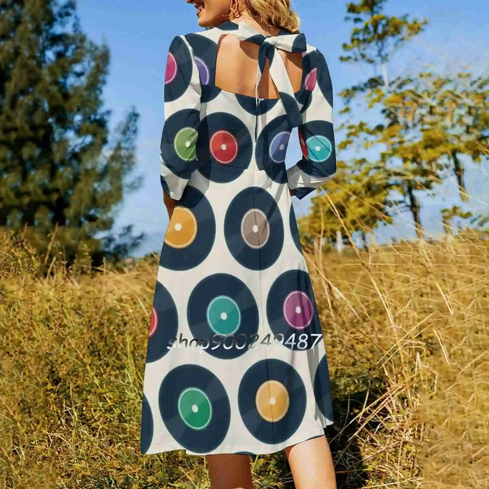 Vinyl Record Collection Square Neck Dress Sweet Summer Dress Women Elegant Halter Print Dress Retro Vintage Record Vinyl 60S