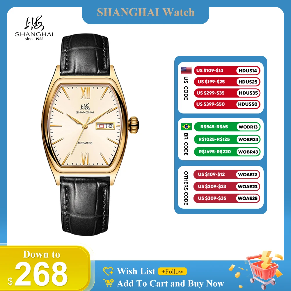 SHANGHAI Classic Tonneau Automatic Mechanical Watches For Men 36×48 mm Case Day‑Date Wristwatch 5ATM Water‑Resistant Model S8005