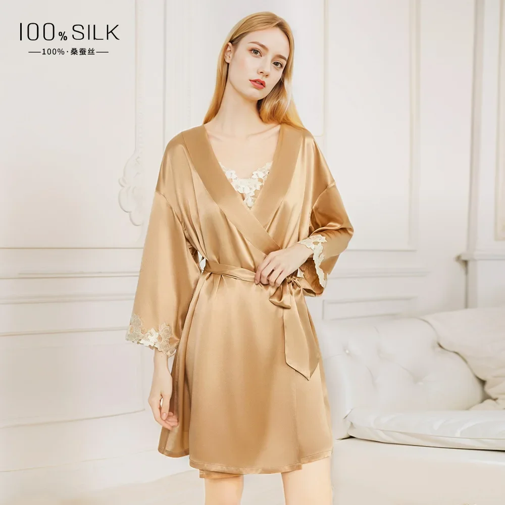 19MM Mulberry Silk Sling Nightdress Lace Trim Kimono Robe Mini Chic Nightgown V Neck Women's Robes Lingerie Sleepwear Mini Dress
