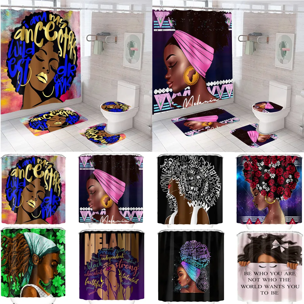 African American Afro Black Girl Shower Curtains Women Art Design Graffiti Bathroom Mat Set Anti-slip Soft BathHome Decoration