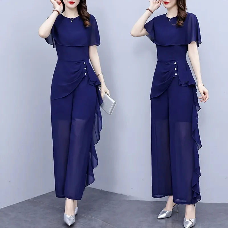 

Summer 2024 New Female Unique and Advanced Fashion Chiffon Splice Jumpsuit Set Women's Temperament Wide Leg Jumpsuit