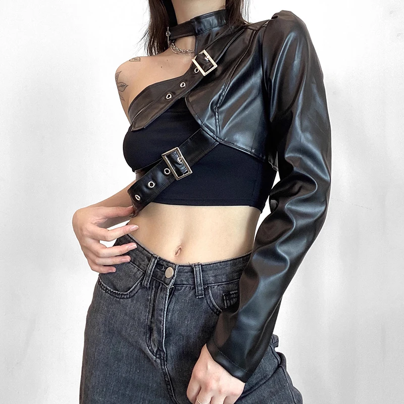 REDDACHiC Deconstructed Black Leather Shrug Jacket Women Steampunk One Shoulder Asymmetrical Cropped Coat Retro Y2k Streetwear