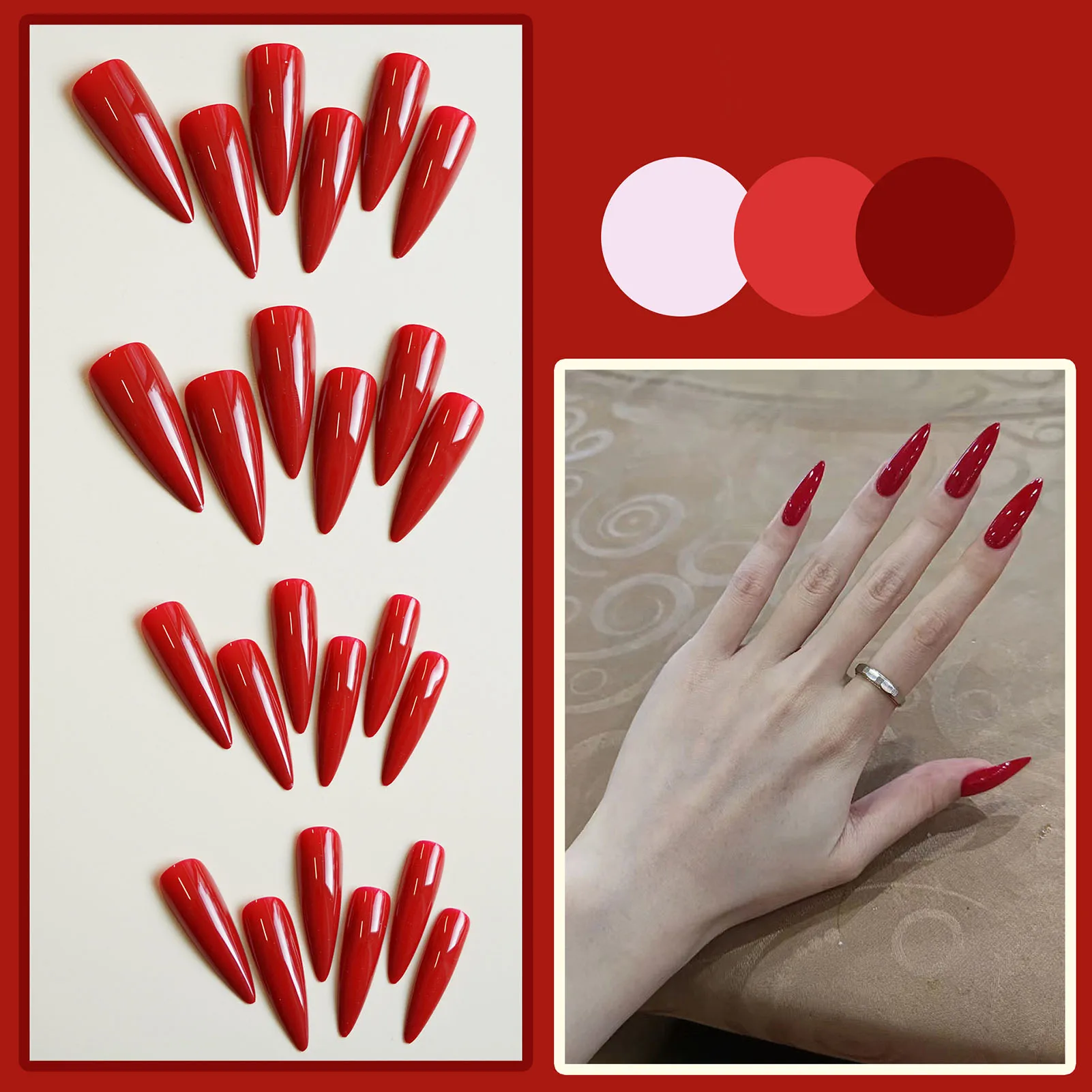 24pcs Long Pointed Red Press on Nails Ins Simple Pure Color Fake Nail Patches Detachable Full Cover Solid Color False Nail Tips