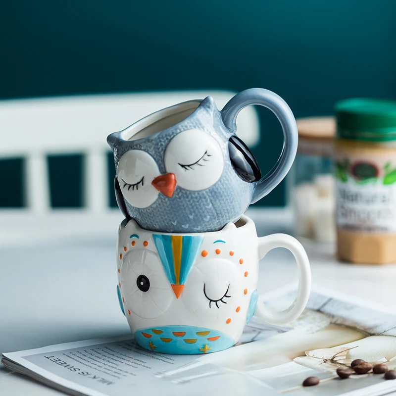 Cute water cup Owl Cup hand-painted kids cartoon cup ceramic Animal  mug home breakfast milk mugs Fruit Flower Tea Cup CL102103