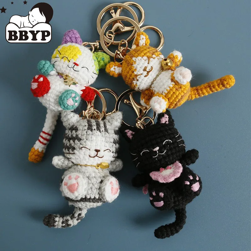 

Handmade Crochet Cartoon Key Chain Smiling Cat Knitted Cartoon Anime Doll Key Ring Pendant Schoolbag Keychain