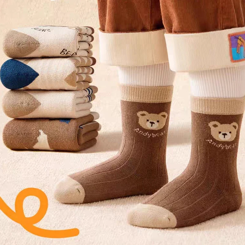 5 Pairs Winter Autumn Thick Warm Kids Boys Mid-calf Socks Cartoon Bear Striped Cute Cozy Soft Brushed Breathable Children Socks