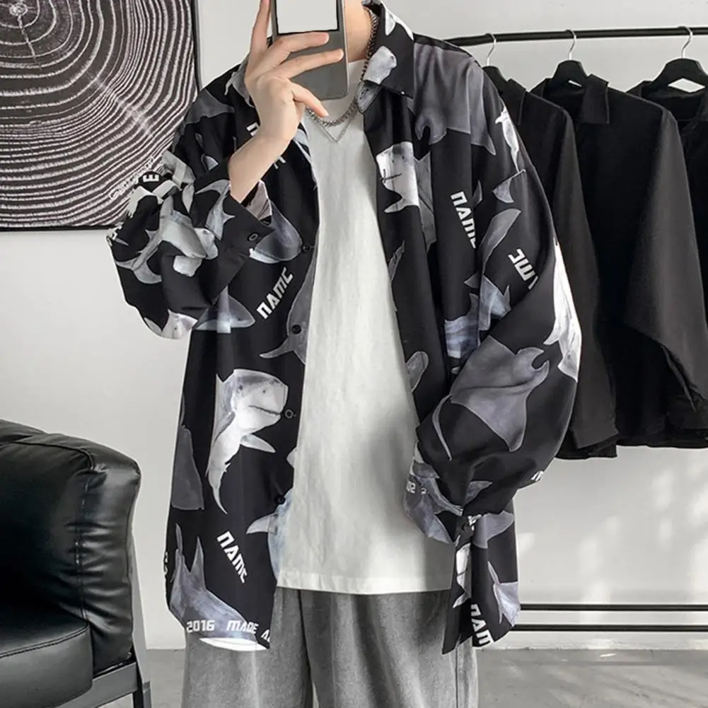 

Casual Men Shirt Print Men's Shirt with Single-breasted Closure Turn-down Collar for Streetwear Vacation Style Men Shirt