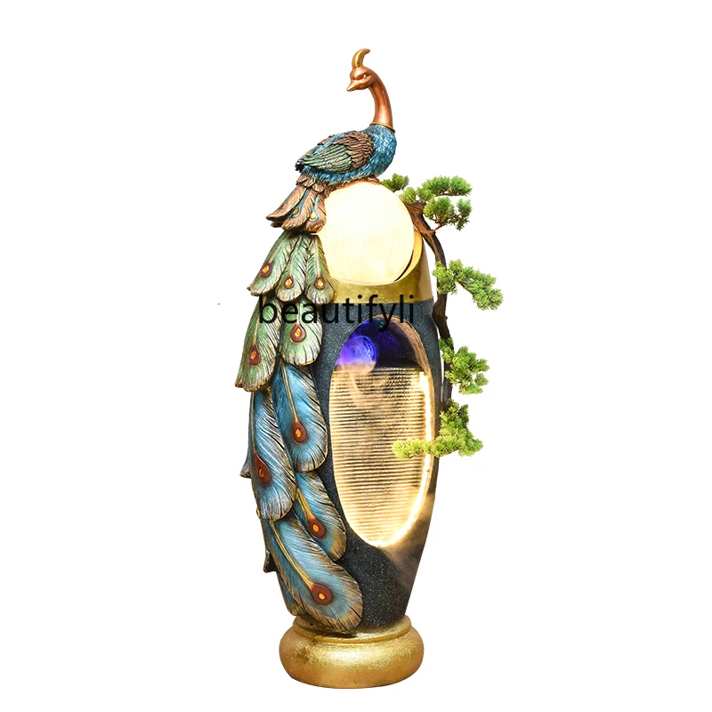 

yj Peacock Flowing Water Ornaments Floor Fountain Circulating Water Fountain Modern Home Creative Landscape