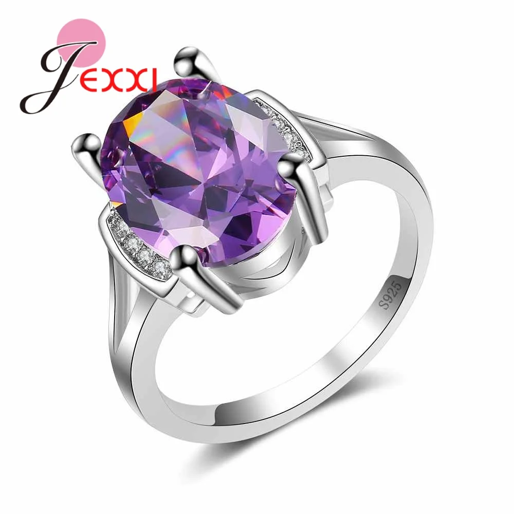 Fashion Purple Oval Shiny Crystal 925 Sterling Silver Color Rings Jewelry Wedding Engagement Bijoux Size 6#7#8#9#10