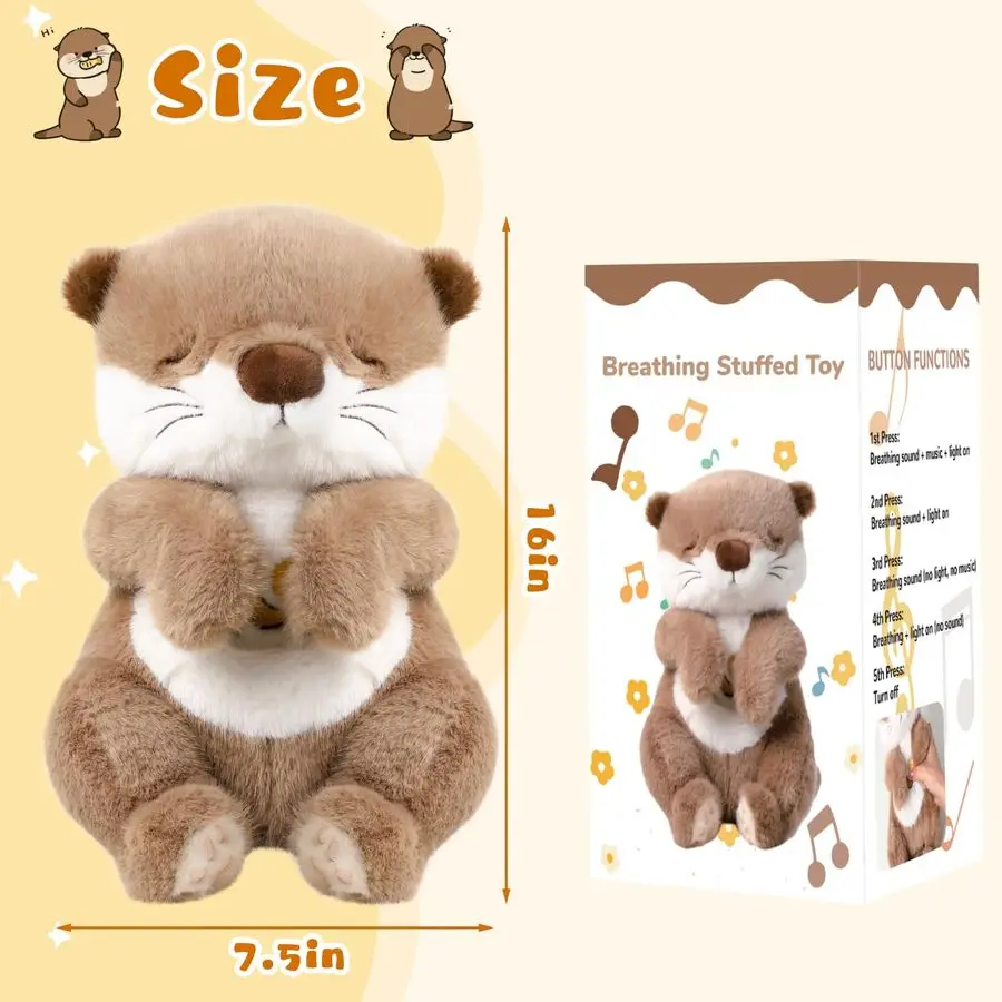 Conforto lontra respiração animal de pelúcia buddyfur animais de estimação reais máquina de som de pelúcia com música, luzes quentes, alívio de ansiedade para crianças a