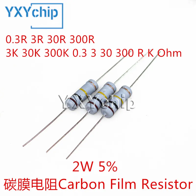 Resistor do filme do carbono, 2W, 5%, 0.3R, 3R, 30R, 300R, 3K, 30K, 300K, 0,3, 3, 30, 300 R, R, K ohm, PCes 20