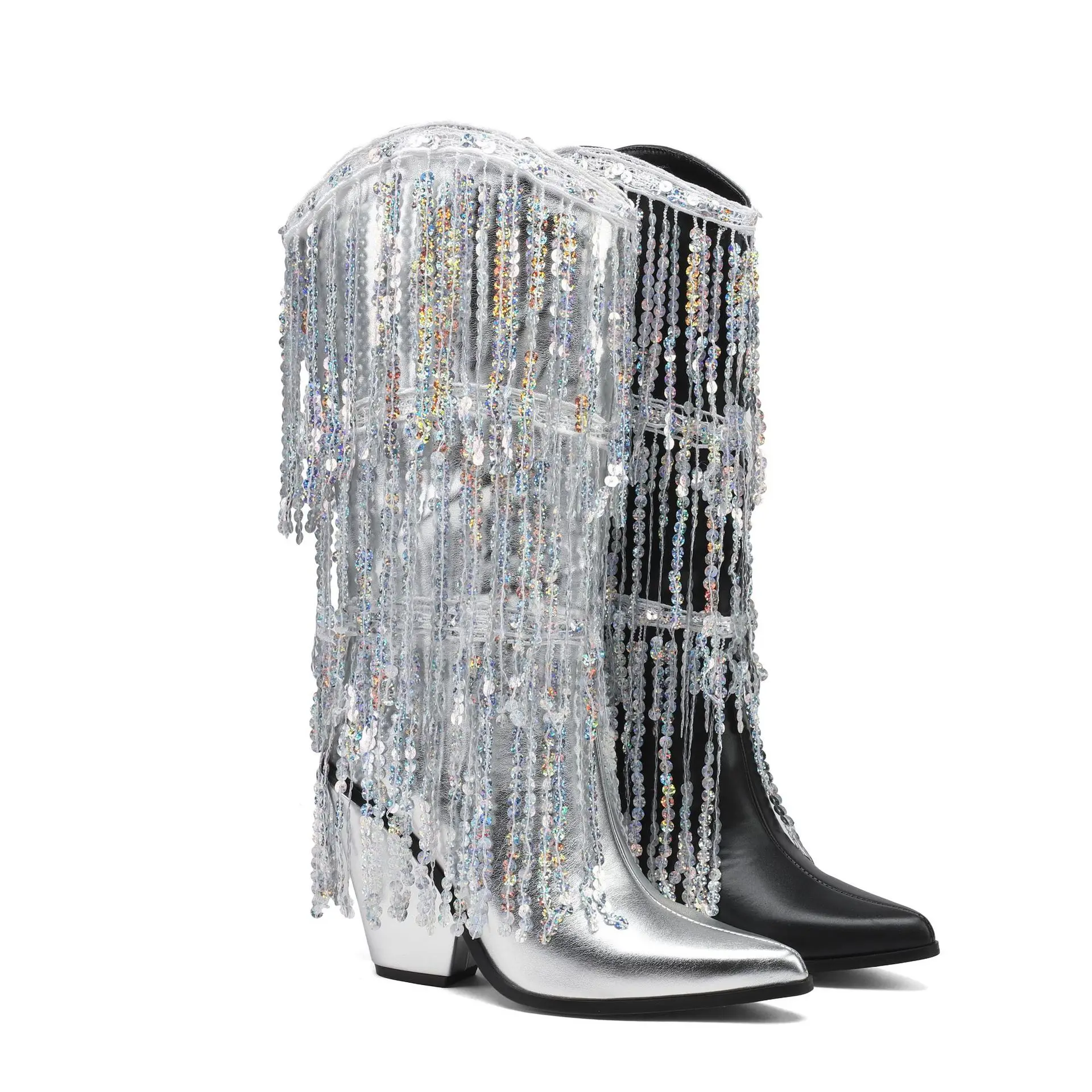 

Fringed Sequin Pointed Toe Chunky Heel Ankle Boots Sequin Mid-Calf Slip-On Botas Patent Leather Large Size Women Botines