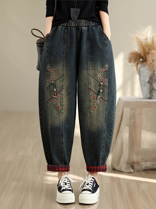 Retro Ethnic Embroidered Denim Jeans Women's Loose Button Cuffed Nine Point Harlan Pants Autumn Style Straight Leg Natural Waist