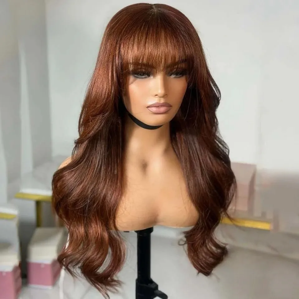 Long Loose Wavy  Brown  Fringe  Lace Frontal Wigs Synthetic with Bangs Glueless Pre Plucked 13X4 HD Lace Front Wigs For Women