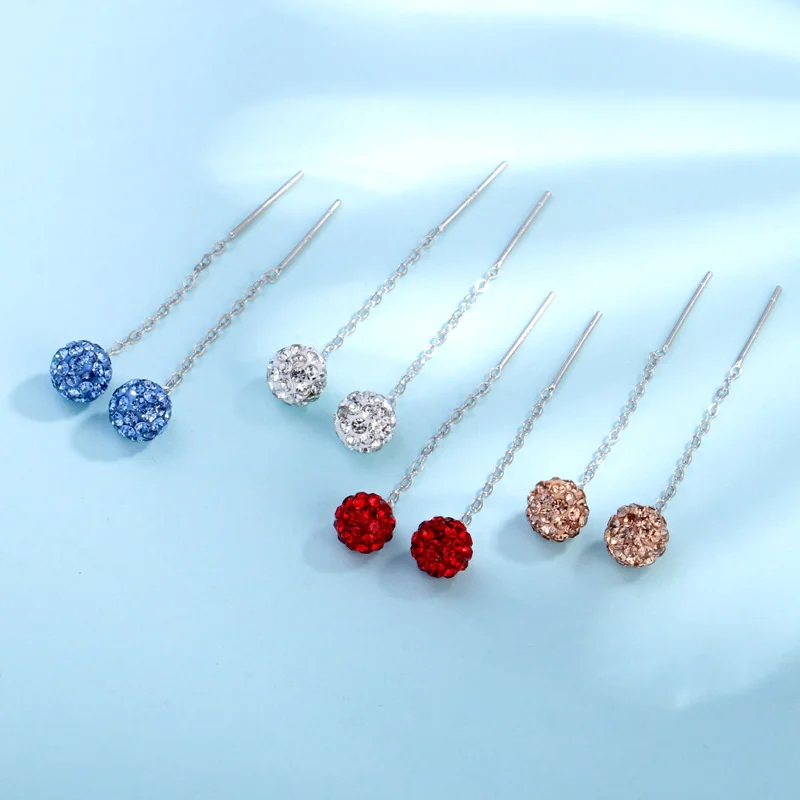 

925 sterling silver white bead pendant earrings long tassel ear threads girl fashionable crystal ball jewelry party