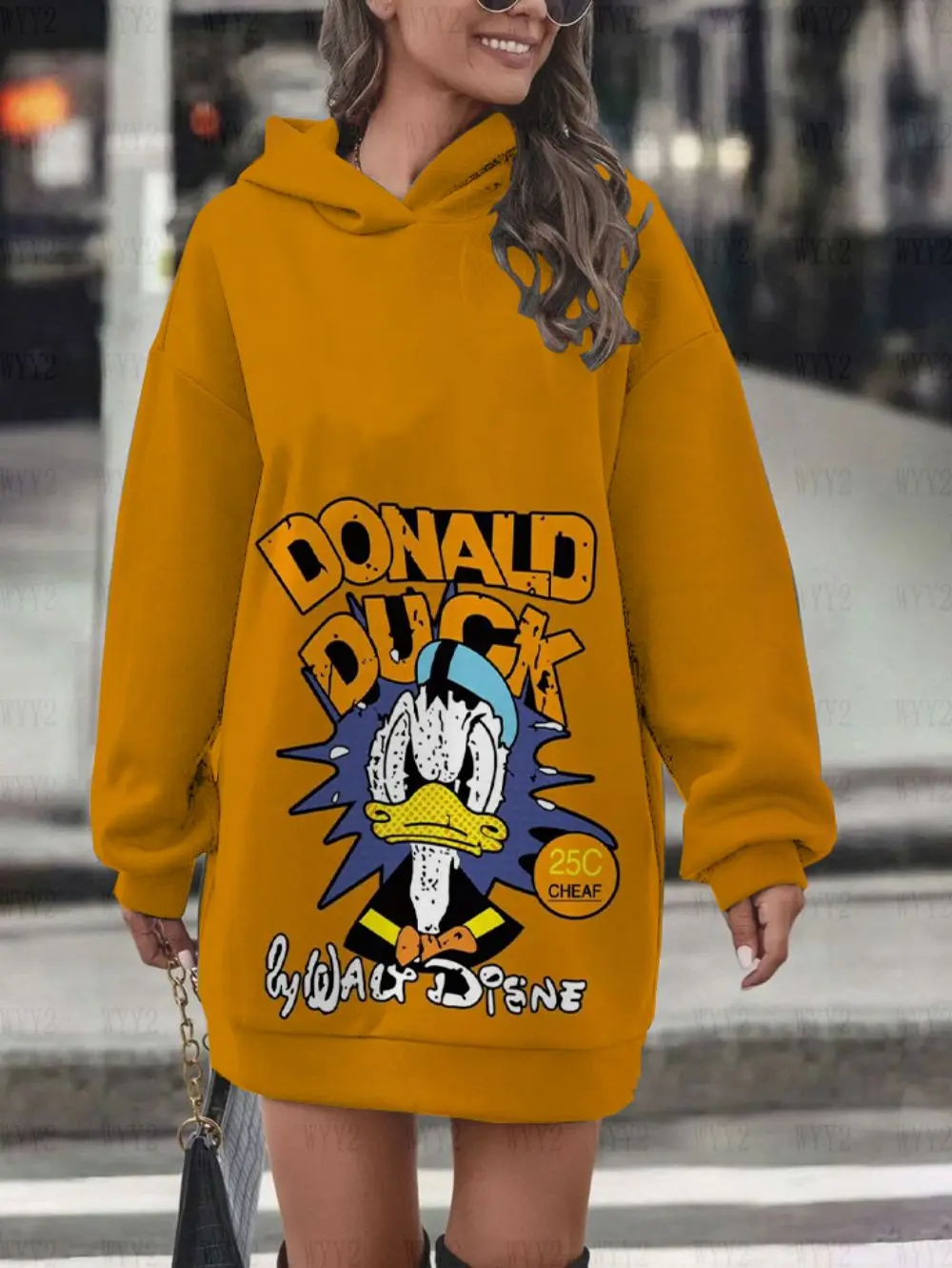 Cute Donald Duck Daisy Pattern Street Women's Disney Autumn and Winter Warm Long Sleeve Hoodie Dress Personalized Women's Wear