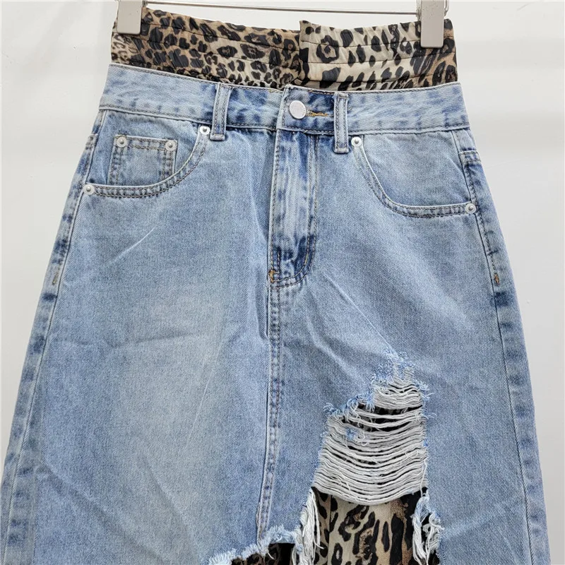 Denim Leopard Print Splicing Fake Two-piece Skirt Sexy Girl Autumn New Vintage Fashion High Waist Slim Skirt Women Long Skirt