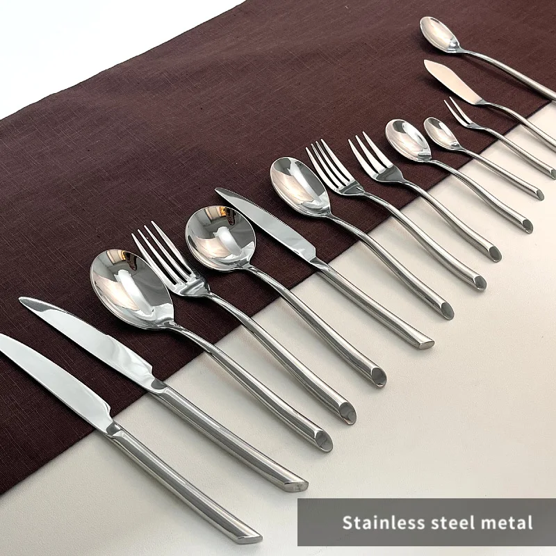 

Stainless Steel Spoon and Fork Set, Diagonal Handle, Light Luxury Steak Knife, Spoon Set, 14Pcs