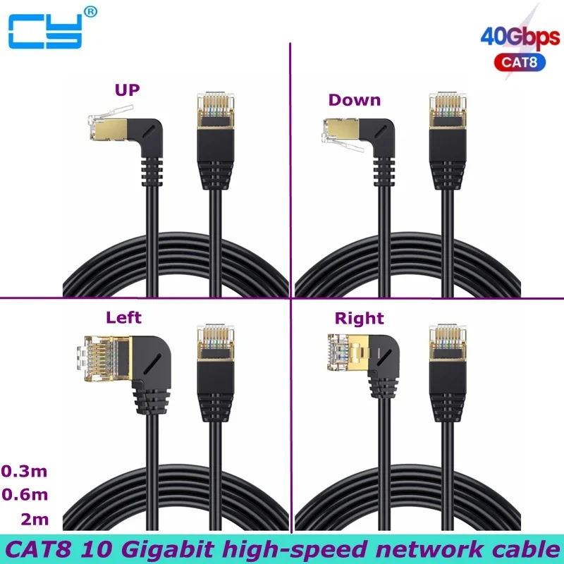 90 Degree Cat8 Ethernet Cable, High Speed 40Gbps 2000Mhz Network Cord, with Gold Plated Plug SFTP Wires CAT8 RJ45 Connector