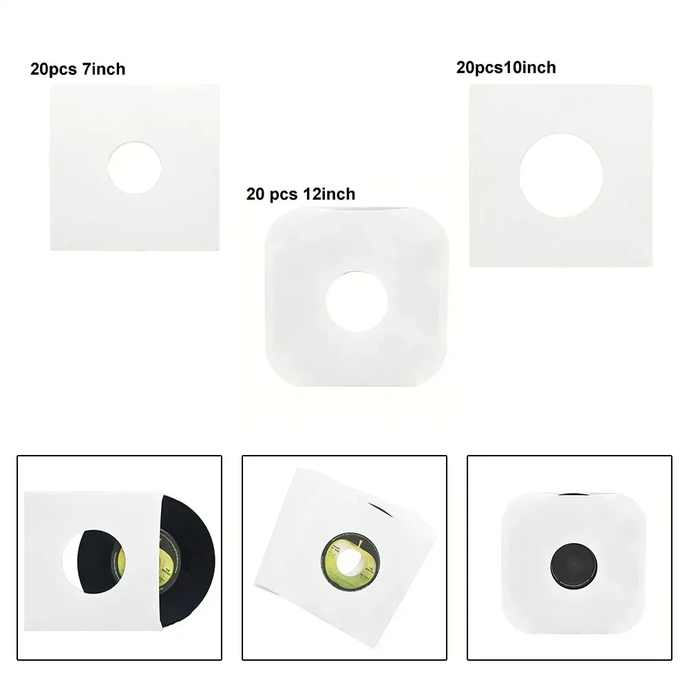 20PCS 7/10/12 Inch Vinyl Record Inner Sleeves Anti-static White Kraft Paper Record Inner Bag Protectors Rounded Corne With Hole