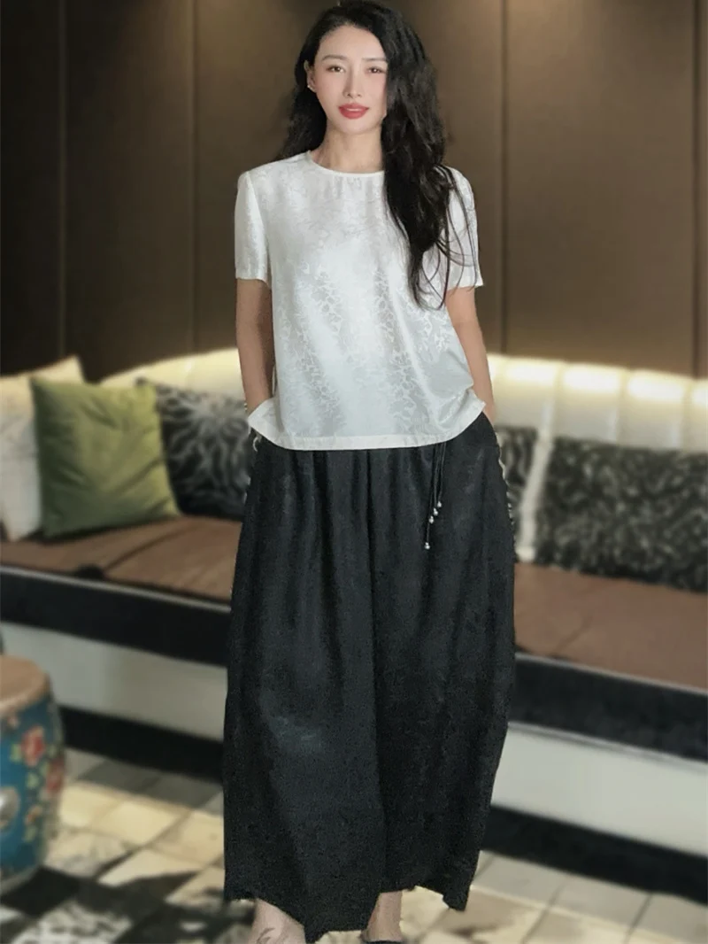 

Новые китайские шелковые брюки-харлан для женщин: с высокой талией, утягивающие, с бахромой и пуговицами, свободные, фасона «фонарик», длинные, весенняя коллекция