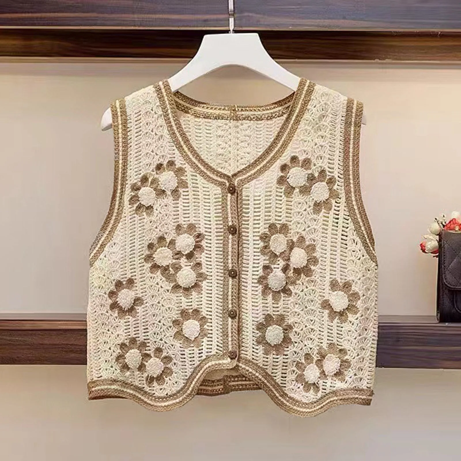 

Boho Crochet Sleeveless Knitted Sweater Vest Vintage Floral Pattern Button Down Waistcoat Cardigan Women V-Neck Crop Tops