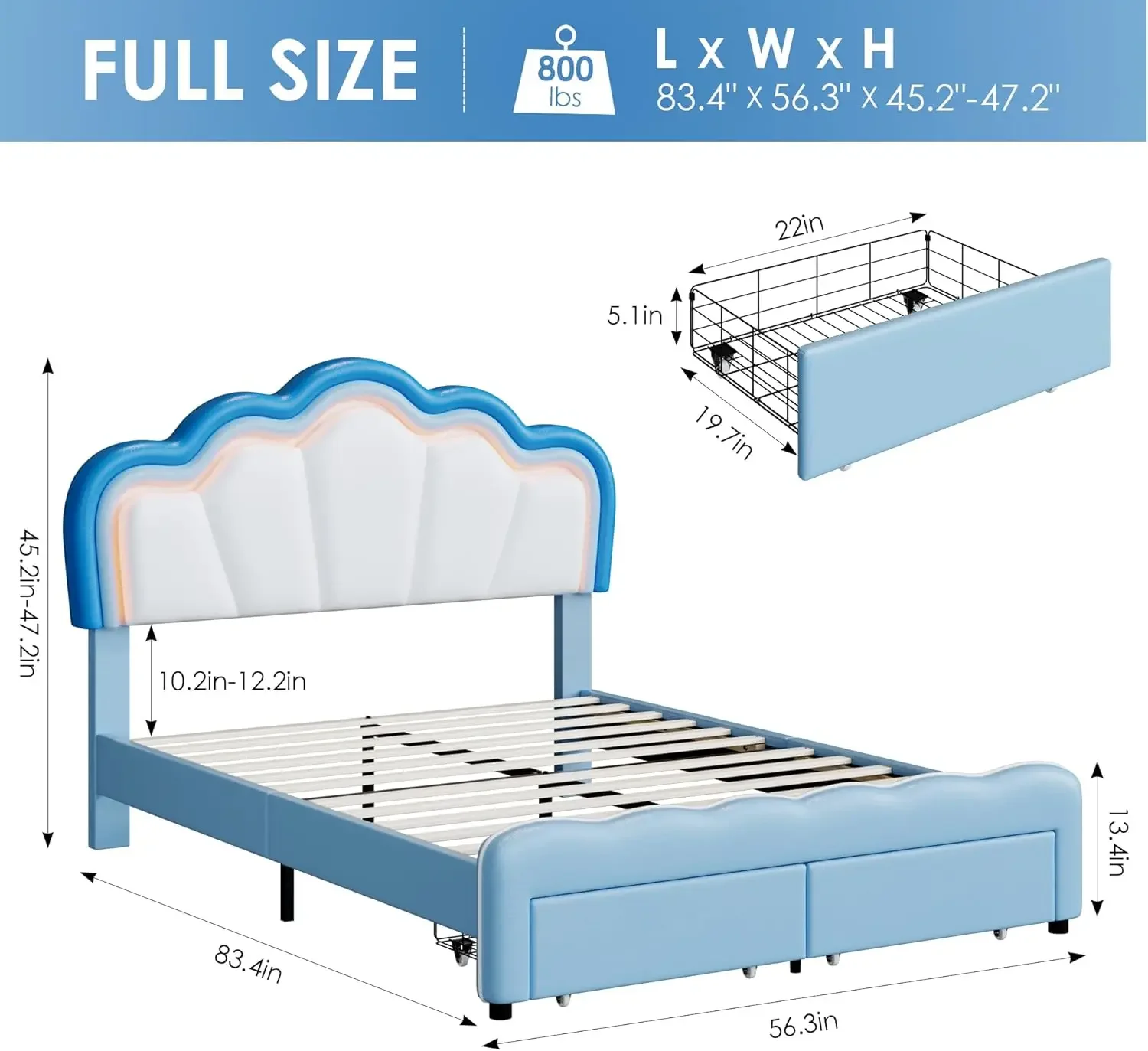 Full Upholstered LED Bed Frame with Storage Drawers, Cute Boys Bed with Adjustable Lotus Headboard, Faux Leather