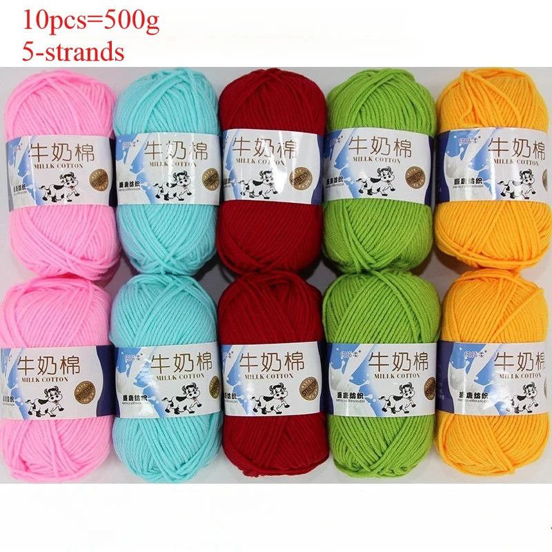 10 Stück 500 g Milch-Baumwoll-Wollgarn, gekämmt, weiches Baby-Baumwollfaden für Handstrickpuppen, Kissen, Schal, Strickgarn-Set