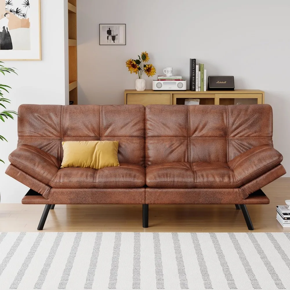

Futon Sofa Bed Convertible Couch, Brown Faux Leather Sofa Bed with Memory Foam, Adjustable Backrest & Armrests
