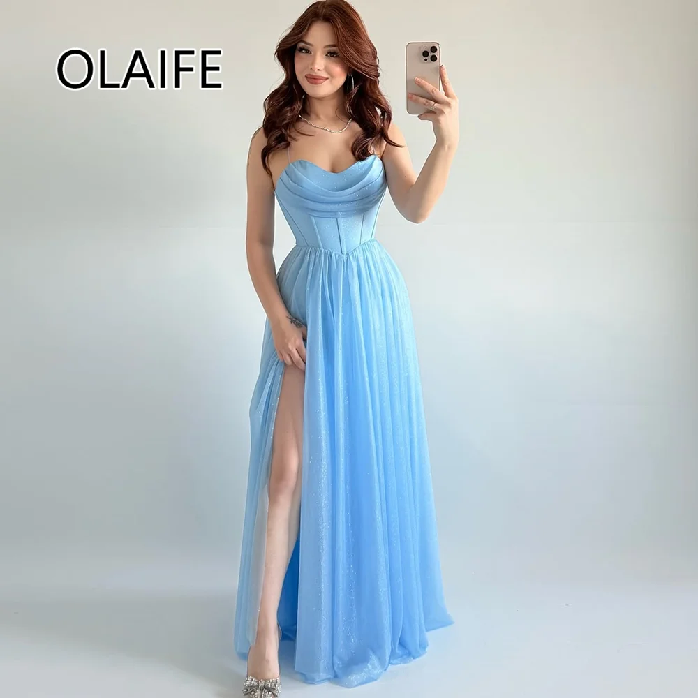 Vestido de noite formal com alças espaguete, tule brilhante, lantejoulas, linha a, costas nuas, baile saudita, com divisão lateral, personalizado