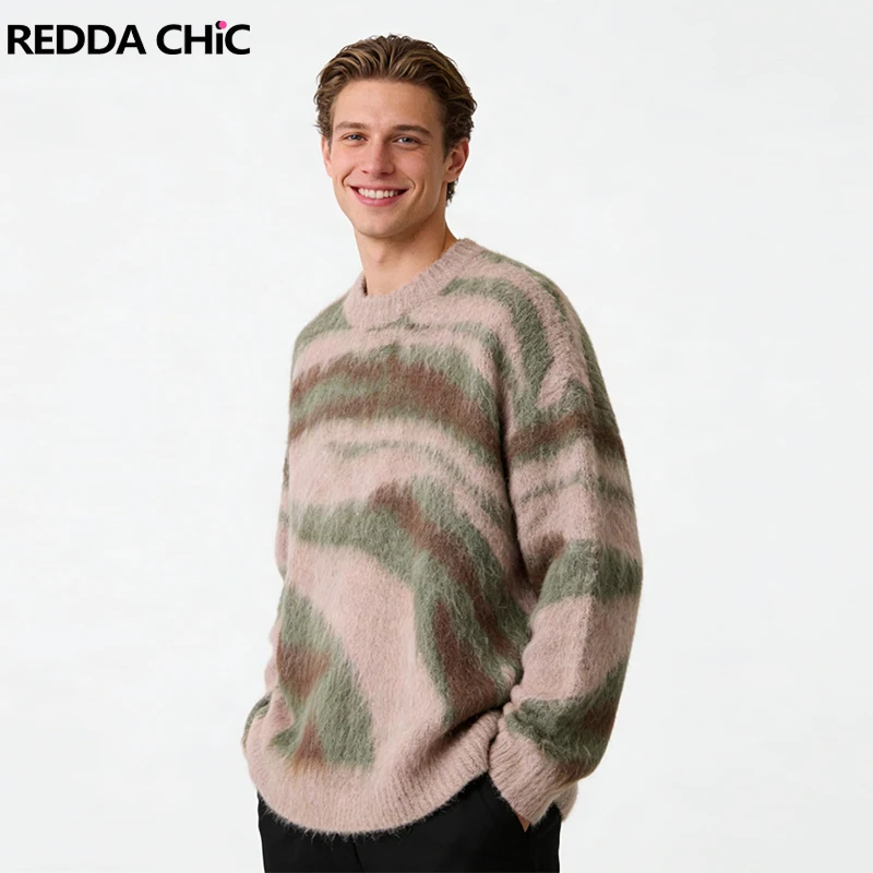

REDDACHIC Striped Contrast Mohair Sweater Men Plus Size Crew Neck Long Sleeve Casual Pullover Top Vintage Trendy Winter Clothes