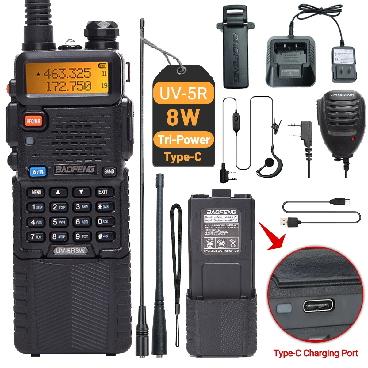 Baofeng UV-5R 트라이 파워 C 타입 VHF UHF 듀얼 밴드 장거리 워키토키, UV5R K5 휴대용 햄 CB 양방향 라디오, 8W, 3800mAh