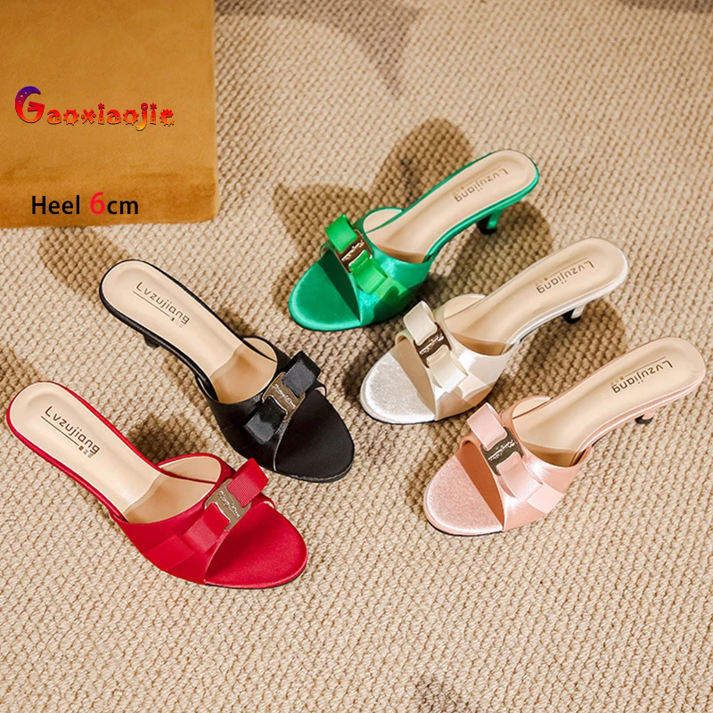 

Красные женские туфли на среднем каблуке 6 см, шлепанцы на коническом каблуке, шелковые атласные женские туфли-лодочки с круглым носком, металлические тапочки с бантом, повседневная обувь