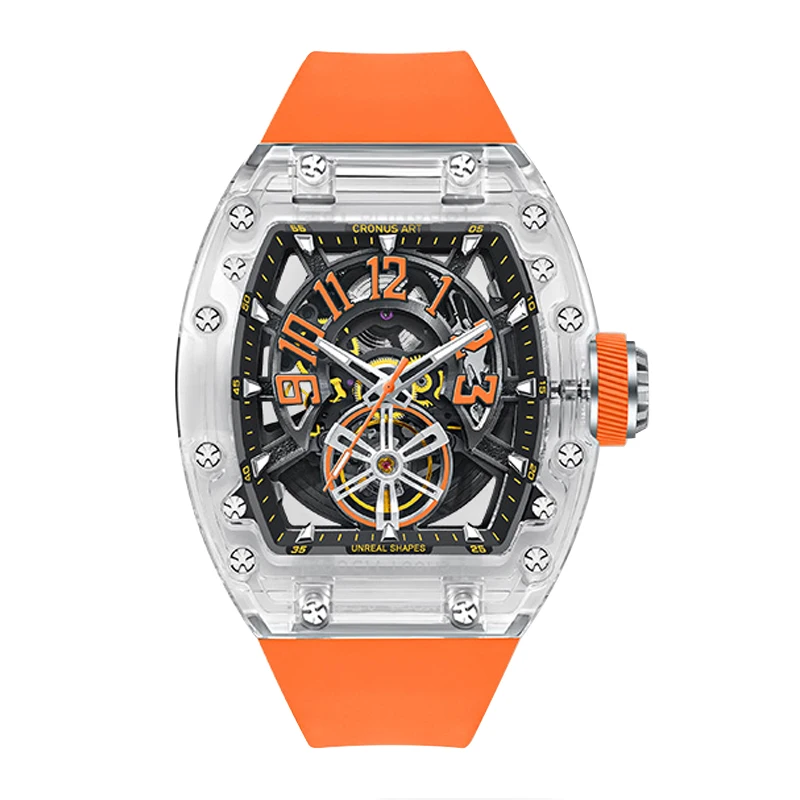 CRONUSART Men Automatic Watch 50mm Tonneau Mechanical Wristwatch Acrylic Case Skeleton Semi-circular Luminous Skeleton Dial