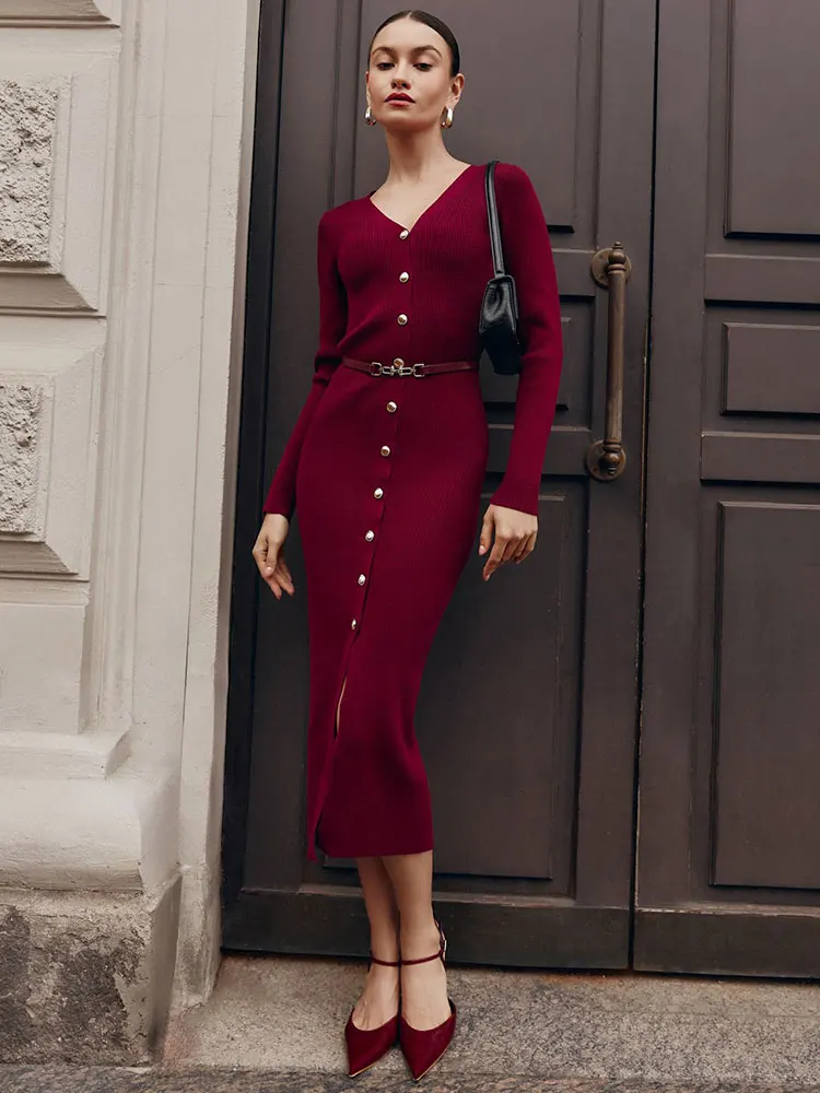 GACVGA Knitted Maxi Dress For Women 2024 Autumn Winter Ribbed Cardigan Slim Elegant Party Dress Female Knitwear Long Dress