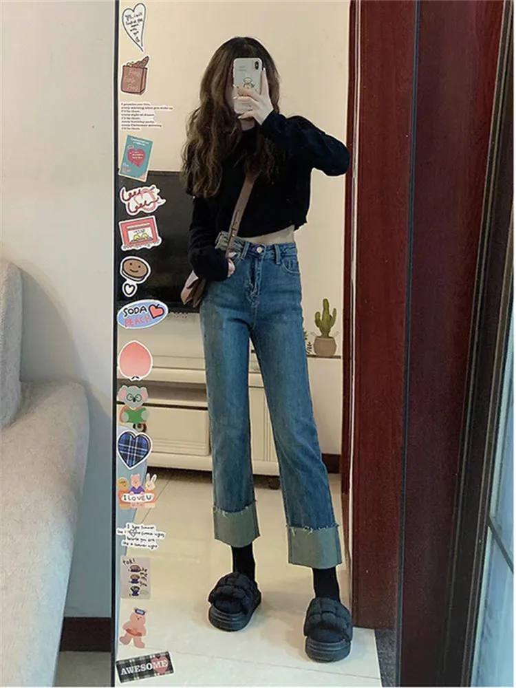 Retro High Waist Slim Fit Straight Leg Denim Jeans Women's Autumn Winter High Waist Slimming Stretchy Cuffed Nine Tube Pants