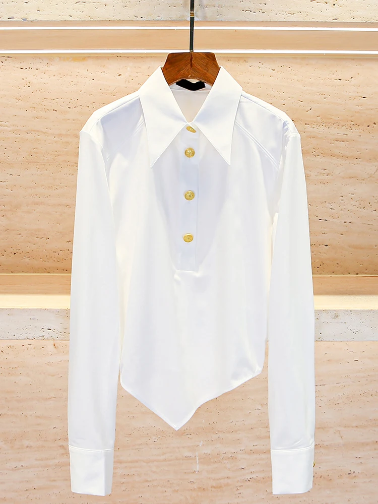 قميص نسائي راقٍ بأسلوب الكلية مع ربطة عنق، ياقة بيضاء قابلة للطي، قصة مستقيمة، أكمام طويلة، ياقة بولو، مقاس منتظم، مناسب للعمل