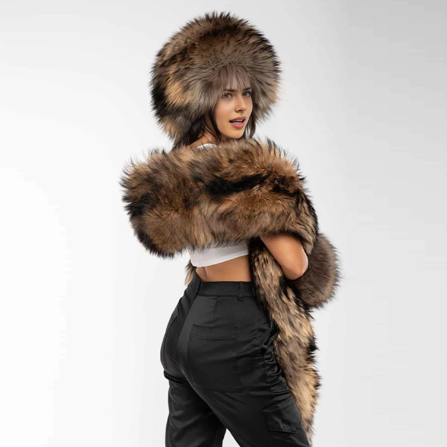معاطف فرو الراكون الطبيعي شال فرو الراكون الأصلي للنساء كيب فرو حقيقي طويل مع ذيل إكسسوار فراء شتوي دافئ