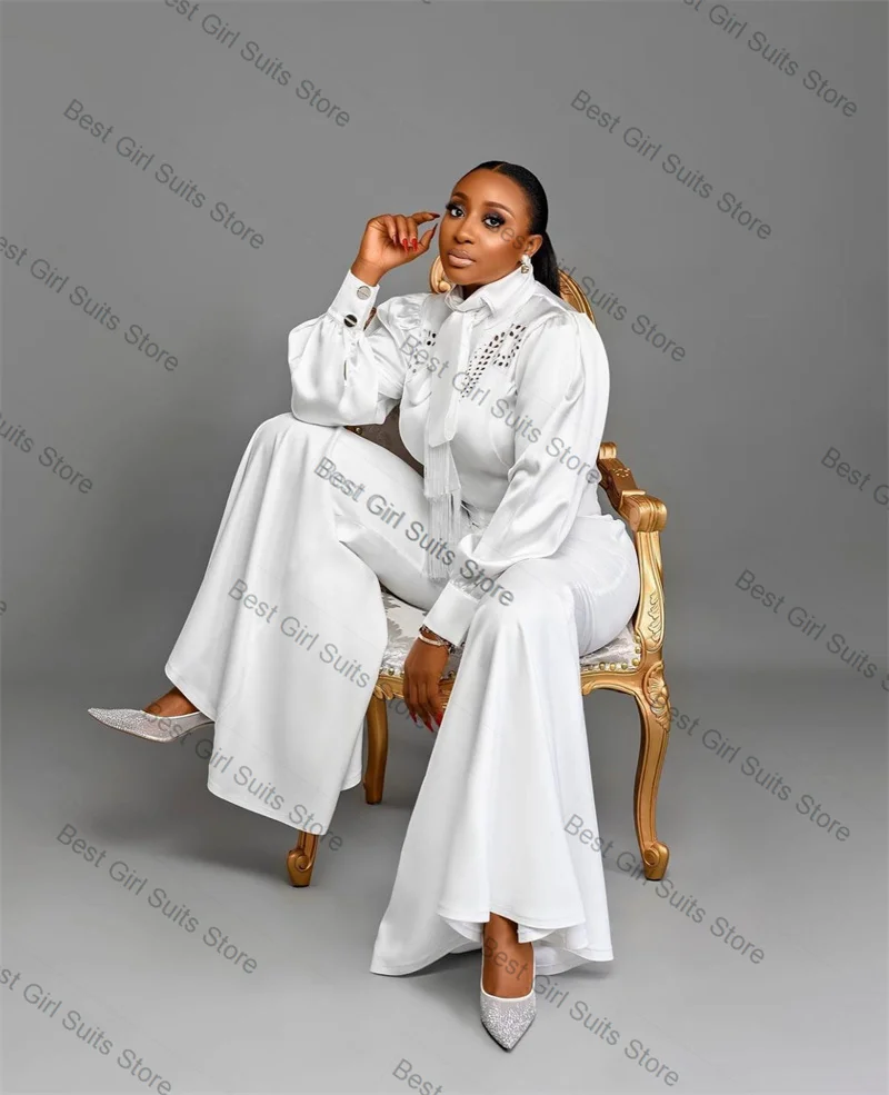 

White Women Suit Pants Set 2 Pcs Blazer+Flare Trousers Luxury Beaded Formal Office Lady Jacket Customized Wedding Tuxedos Coat