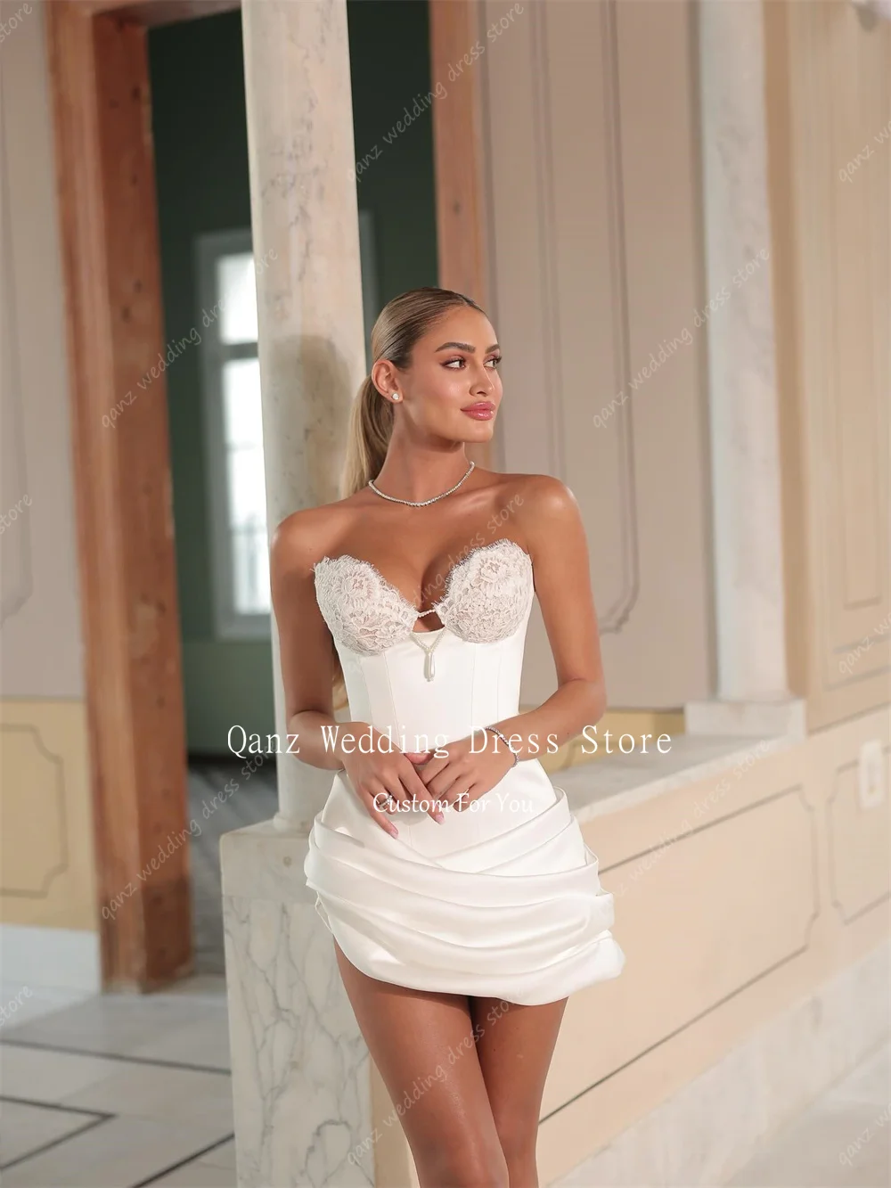 Qanz Mini Dresses For Woman Party Wedding Sweetheart Vintage Short Open Back Bridal Gown Lace Shawl Vestidos De Novia Customized