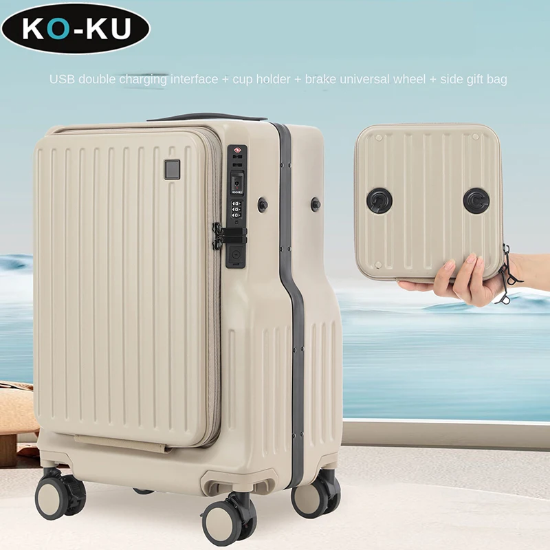 KO-KU 2024 Nieuwe Dubbelopenende Koffer Vooropeningsdeksel 20 Inch Instapdoos Anti-Drop Zip Box Multifunctionele Trolley Case