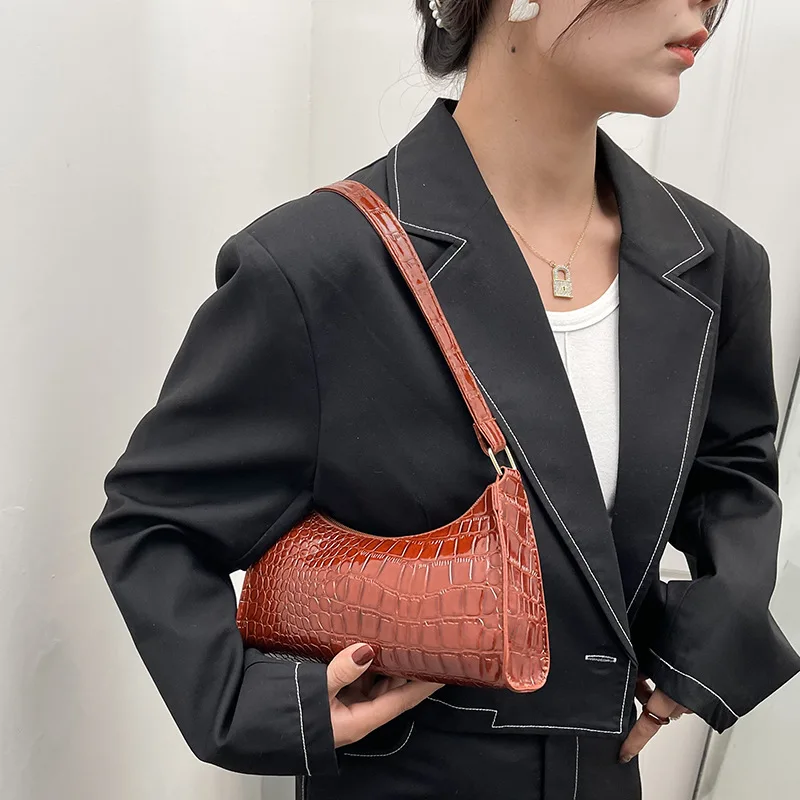 

New Women Fashion Shoulder Bag Stylish Trend Minimalist Underarm Bag Solid Color Crocodile Pattern PU Leather Female Handbags