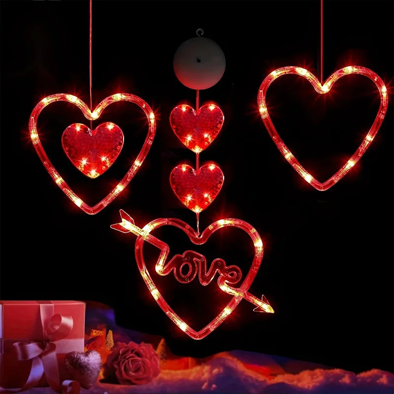 Valentijnsdag Decoratief Indoor Licht String Hartvormig Raamlicht Met Zuignap Timer Voor Familie Bruiloft Jubileum