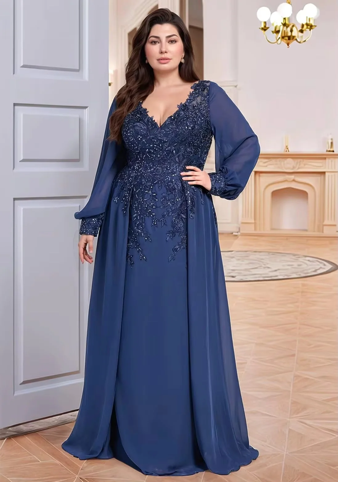 Blue Mother Of The Bride Dresses long Sleeves Chiffon Lace Beaded Groom Long Mother Dresses For Wedding Guest Dress Customized