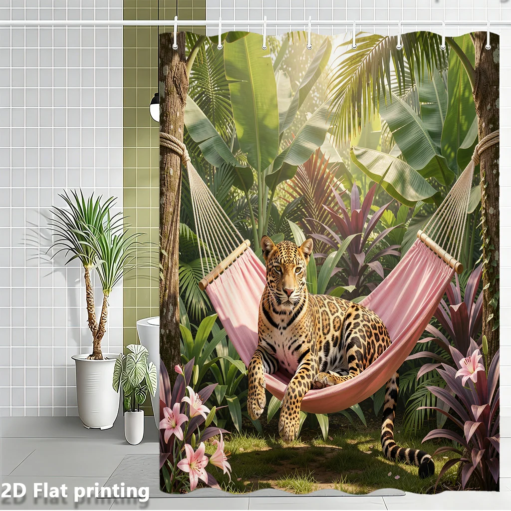 

Jungle Leopard on Pink Hammock Shower Curtain 2D Digital Print Polyester Bathroom Decor with Hooks 72x72inch