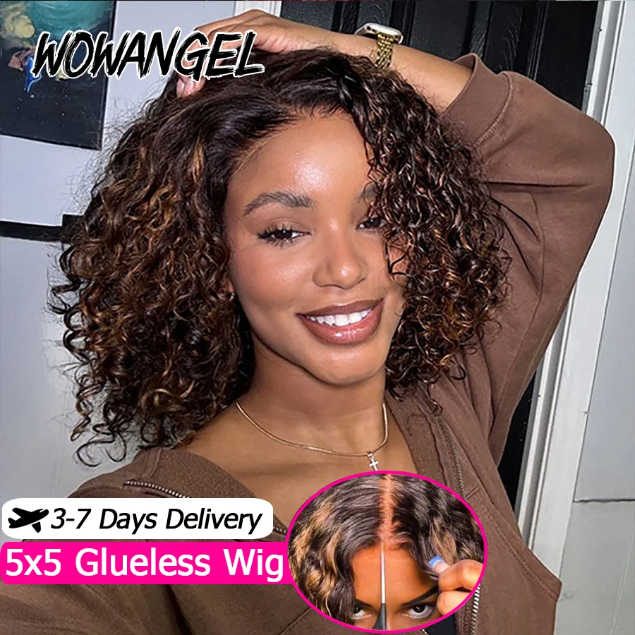 WOWANGEL 1B/30 Highlight Wigs 5X5 HD Lace Closure Wigs Human Hair Pre Plucked Lace Melted Pixie Curly Glueless Wigs For Women