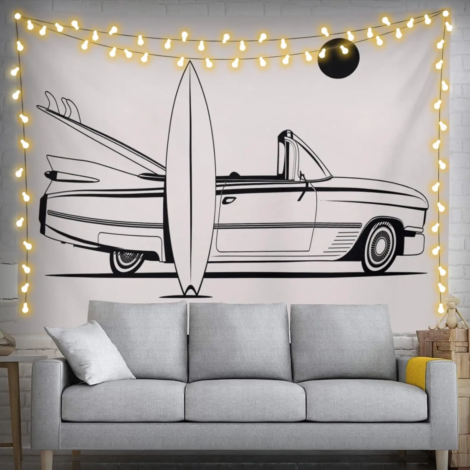 Coastal Beach Surfboard and Vintage Classic Car Line Art Tapestry Wall Decor Minimalist Garage Man Cave Poster Print