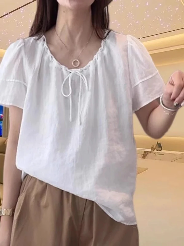 الرجعية القطن الكتان ort Sve irt المرأة الصيف فضفاض عارضة التعادل جولة Ne رقيقة الكتان الصغيرة أعلى الملابس العلوية #4