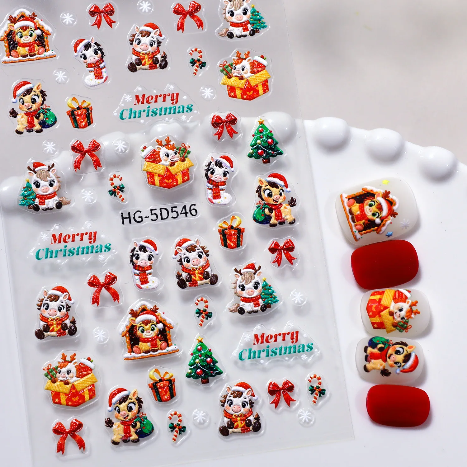 Pegatinas de uñas de unicornio y copo de nieve, animales de dibujos animados 5D, caballos de Navidad, pegatinas autoadhesivas para decoración artesanal, regalo para niña